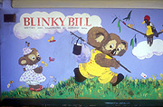 Australia, New South Wales, mural, murals, wall mural, wall murals, blue mountains, great dividing range, bus stop, bus stops, blinky bill, koala, koalas, sign, signs, knapsack, knapsacks.