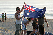 Australia, New South Wales, beach, beaches, man, men, male, males, anzac day, anzac days, beach, beaches, flag, flags, australian, australian flag, australian flags.