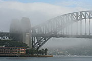 Australia, New South Wales, Architecture, arch, arches, archway, archways, Sydney, Sydney Harbour, Sydney Harbor, Sydney Harbour Bridge, Sydney Harbor Bridge, harbour bridge, bridge, bridges, fog, foggy, climate, weather, harbour, harbours, harbor, harbors.