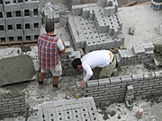 Australia, vic, victoria, melbourne, people, outdoors, man, men, male, males, worker, workers, industry, construction, construction site, constructions sites, building, building industry, building site, building sites, brick, bricks, hat, hats, cement, mortar, wall, walls.
