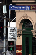 Australia, vic, victoria, melbourne, sign, signs, transport, transportation, vehicle, vehicles, tram, trams, swanston, swanston street, arch, arches, architecture, pedestrian, pedestrians.