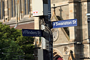 Australia, Victoria, Vic, Melbourne, Flinders Street, swanston, swanston, sign, signs, transport, transportation, vehicle, vehicles, traffic light, traffic lights, traffic signal, traffic signals, red, signal, signals, light, lights, traffic, car, cars, traffic, sign, signs.