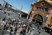 Australia, Victoria, Vic, architecture, arch, arches, archway, archways, Melbourne, Flinders Street, Flinders Street Station, Flinders Street Railway Station, Rail, transport, transportation, vehicle, vehicles, railway station, railway stations, rail, station, stations, pedestrian, pedestrians, people.