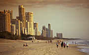 VIEW ALONG THE BEACH AND SKYLINE OF THE GOLD COAST, QLD, AUSTRALIA