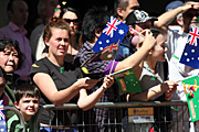 Australia, New South Wales, sydney, parade, parades, olympics, olympiad, olympiads, celebrate, celebrating, celebration, celebrations, olympic games, athlete, athletes, beijing, crowd, crowds, flag, flags, australian, australian flag, australian flags, fence, fences.