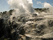 GEYSERS AND SULPHUR COVERED ROCKS,  WHAKAREWAREWA THERMAL RESERVE, ROTORUA, NEW ZEALAND