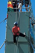 Australia, child, children, boy, boys, rope, ropes, abseil, abseils, abseiling, rope, ropes, helmet, helmets, hat, hats, outdoors, Sport pictures, Sports, descend, descends, descending, scaffold, scaffolds, scaffolding.