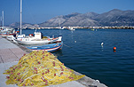 Greece, Europe, Southern Aegean, Southern Aegean region, kefallonia, Kefalonia, Cephalonia, ionian, ionian islands, eptanese islands, coast, coasts, coastline, coastlines, water, fishing boat, fishing boats, net, nets, fishing net, fishing nets.