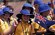 Australia, australian, people, child, children, school children, school child, pupil, pupils, student, students, olympics, sydney olympics, flag, flags, australian flag, australian flags, hat, hats.