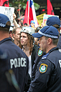 Australia, New South Wales, police, police force, emergency service, emergency services, law, law enforcer, law enforcement, law and order, flag, flags, crowd, crowds, sydney, people, apec, apec demonstration, demonstrator, demonstrators, demonstration, demonstrations, protest, protests, asia pacific economic cooperation.