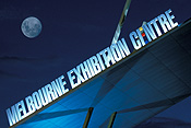 Australia, Vic, Victoria, Melbourne, architecture, night, nights, evening, evenings, moon, moons, the moon, sign, signs, exhibition centre, melbourne exhibition centre, FF25,