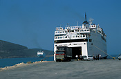 Greece, Europe, Southern Aegean, Southern Aegean region, frontier, igoumenista, ferry, ferries, car, car ferry, car ferries, transport, transportation, vehicle, vehicles, coast, coasts, coastline, coastlines, ship, ships, shipping, vessel, vessels, truck, trucks.