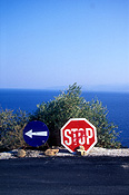 Road, Roads, sealed road, sealed roads, roadsign, roadsigns, road sign, road signs, stop, stop sign, stop signs, stopsign, stopsigns, greece, pelion, pelion peninsula, coast, coasts, coastline, coastlines, arrow, arrows.