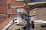 Men, Man, Male, Males, outdoors, occupation, occupations, industry, cherry picker, cherry pickers, cherrypicker, cherrypickers, industry, electricity, electricity lines, power, power lines, cherry-picker, cherry-pickers, sydney, Australia, New South Wales.