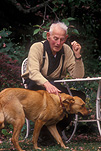 Man, men, male, males, old man, old men, old people, elderly, elderly man, elderly men, elderly people, elderly person, elderly persons, Animal, Animals, dog, dogs, domestic dog, domestic dogs, pet, pets, table, tables, outdoor table, outdoor tables, people, old, aged, elderly, outdoors, garden, gardens.