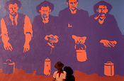 People, man, men, male, males, wall mural, wall murals, painting, paintings, wall painting, wall paintings, wall, walls, art, billy, billies, billy can, billy cans, pipe, pipes.