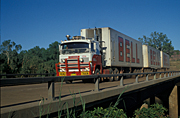 Transport, transportation, vehicle, vehicles, heavy vehicle, heavy vehicles, truck, trucks, semi, semis, semi-trailer, semi-trailers, fence, fences, bell, road train, sign, signs, road trains, roadtrain, roadtrains, vehicle, vehicles, heavy vehicle, heavy vehicles, bellway, australia, nt, northern territory, bridge, bridges, victoria river, river, rivers, victoria.