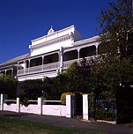 Australia, vic, victoria, melbourne, house, houses, housing, architecture, terrace, terraces, terrace house, terrace houses, balcony, balconies, footpath, footpaths, path, paths, pathway, pathways, wall, walls, garden wall, garden walls, tree, trees, pillar, pillars.
