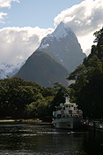 Pacific islands, new zealand, south island, milford sound, mountain, mountains, fiordland, fiordlands, boat, boats, boating, dock, docks, wharf, wharves.