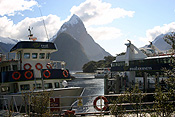 Pacific islands, new zealand, south island, milford sound, mountain, mountains, fiordland, fiordlands, boat, boats, boating, dock, docks, wharf, wharves.