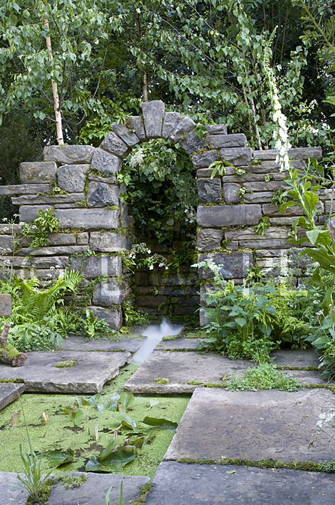 stock photo image: Garden, Gardens, water garden, water gardens, water feature, water features, waterfeature, waterfeatures, pond, ponds garden pond, garden ponds, arch, arches, archway, archways, fern, ferns.