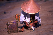 Asia, Asian, Southeast Asia, South East Asian, SE Asia, malaysia, people, woman, women, female, females, fish, fishing, hat, hats, basket, baskets, beach, beaches.