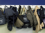 Education, school, schools, primary, primary school, primary schools, bag, bags, clothes, clothing, coat, coats, jacket, jackets, child, children, school bag, school bags, cloakroom, cloakrooms, wall, walls, brick, brick wall, brick walls, hook, hooks, PJ38,