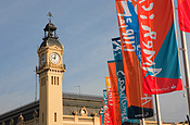 Europe, Spain, Spanish, Valencia, architecture, edificio del reloj, americas cup, tower, towers, clock, clocks, flag, flags, FF25,