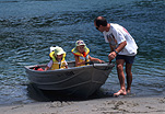 Sport pictures, Sports, boat, boats, boating, watercraft, row boat, row boats, rowboat, rowboats, rowingboat, rowingboats, rowing boat, rowing boats, watersport, watersports, water sport, water sports, water, life preserver, life preservers, life jacket, life jackets, buoyancy vest, buoyancy vests, buoyancy jacket, buoyancy jackets, people, child, children, parent, parents, parenting, parenthood, father, fathers, man, men, male, males, shoreline, shorelines, seashore, seashores, father and child, fathers and children, water, hat, hats, sand, australia, outdoors, safety, water safety, life saver, life savers, life saving.