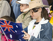 Australia, New South Wales, sydney, flag, flags, australian, australian flag, australian flags, Anzac, Anzacs, Anzac Day, Anzac Days, parade, parades, Anzac Day parade, Anzac Day parades, Anzac Day March, child, children, crowd, crowds.