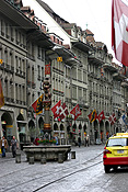 Europe, Switzerland, Swiss, Bern, Berne, Architecture, medieval, street, streets, clock, clocks, flag, flags.