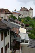 Europe, Switzerland, Swiss, Gruyeres, village, villages, architecture, gruyeres castle, castle, castles, fortress, fortresses, house, houses, housing, roof, roofs, rooves.