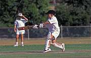 Sport pictures, Sports, swing, swings, cricket, cricket game, cricket games, cricket match, cricket matches, people, boy, boys, male, males, cricket bat, cricket bats, cricket ball, cricket balls, hat, hats, baseball hat, baseball hats, cap, caps, outdoors.